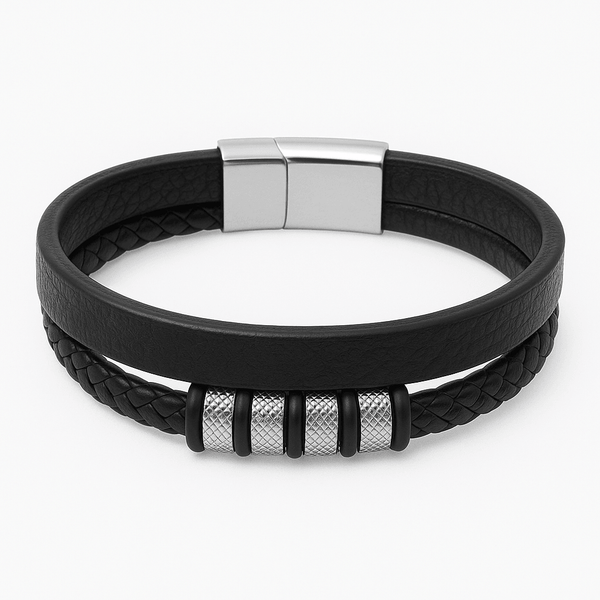 Men's Leather Black & Silver Wraparound Bracelet